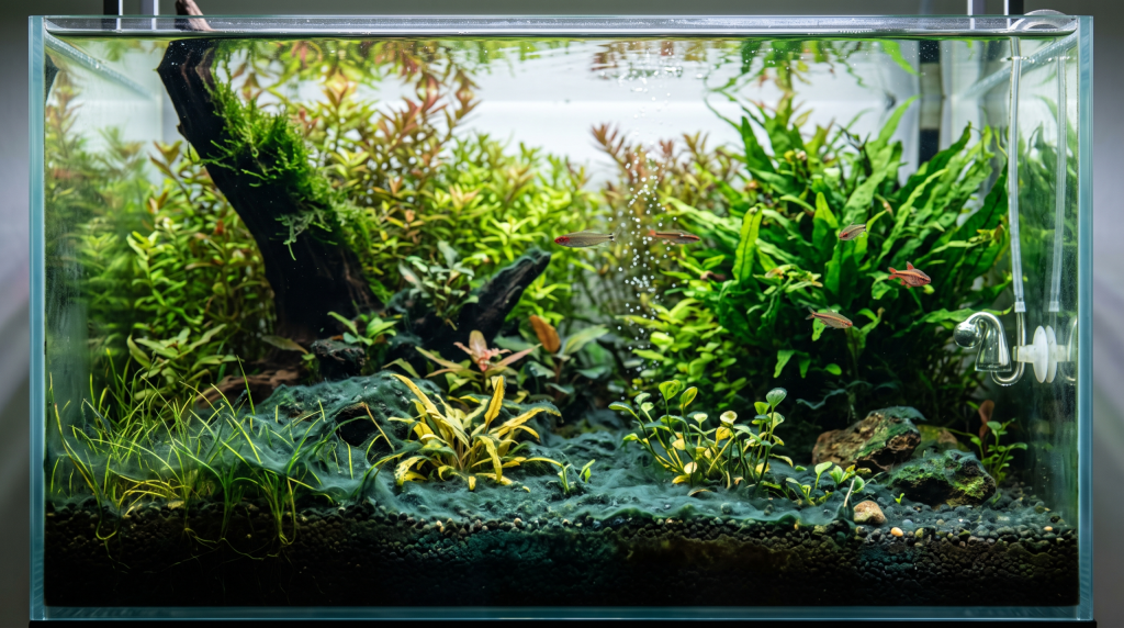 Cianobatteri-verde-scuro-su-fondo-e-piante-in-un-acquario-dolce-piantumato-scaled-1-1024x572 Cianobatteri in acquario, cause, prevenzione e soluzioni