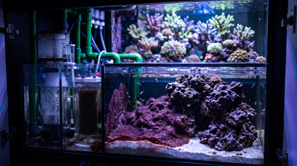 Cianobatteri-viola-nelle-zone-morte-a-basso-flusso-di-un-acquario-marino-reef-scaled-1-1024x572 Cianobatteri in acquario, cause, prevenzione e soluzioni