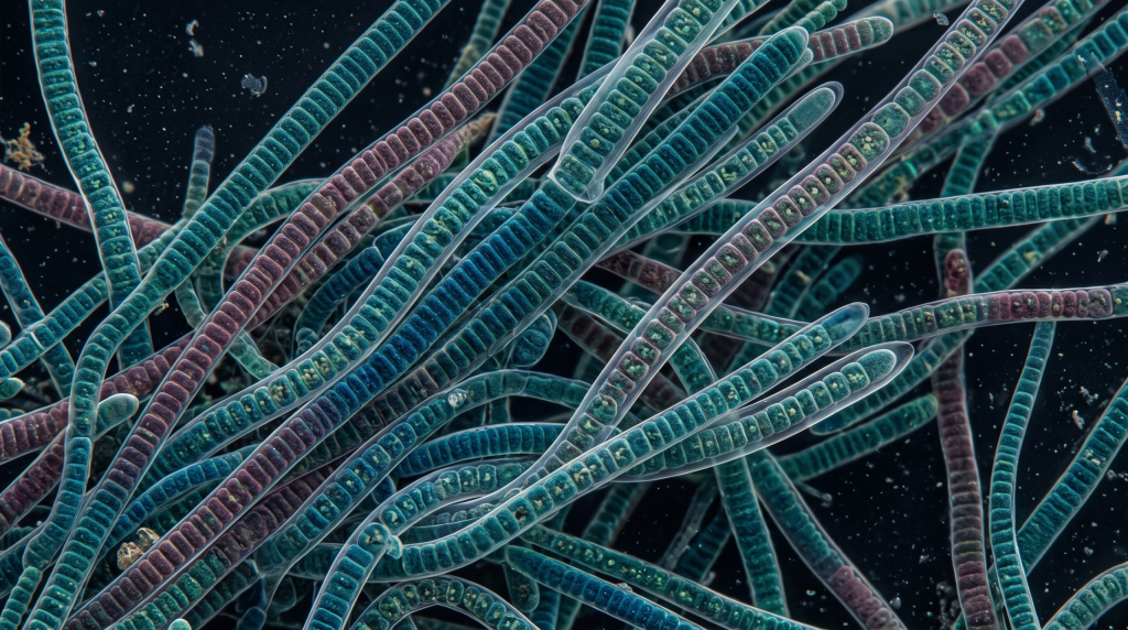 Filamenti-di-cianobatteri-al-microscopio-trichomi-cilindrici-tipo-Oscillatoria-scaled-1-1024x572 Cianobatteri in acquario, cause, prevenzione e soluzioni