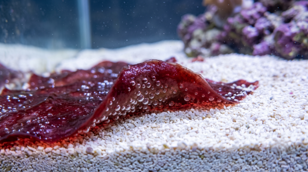 Patina-rossa-di-cianobatteri-che-si-solleva-a-lembi-dal-fondo-sabbioso-con-bolle-scaled-1-1024x572 Cianobatteri in acquario, cause, prevenzione e soluzioni