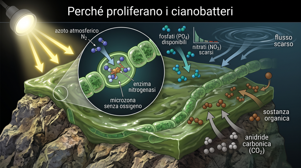 Schema-della-fissazione-dellazoto-nei-cianobatteri-e-delle-cause-della-fioritura-scaled-2-1024x572 Cianobatteri in acquario, cause, prevenzione e soluzioni