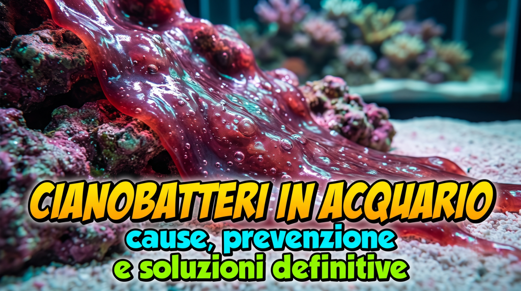 Tappeto di cianobatteri rosso violaceo su roccia e sabbia di un acquario