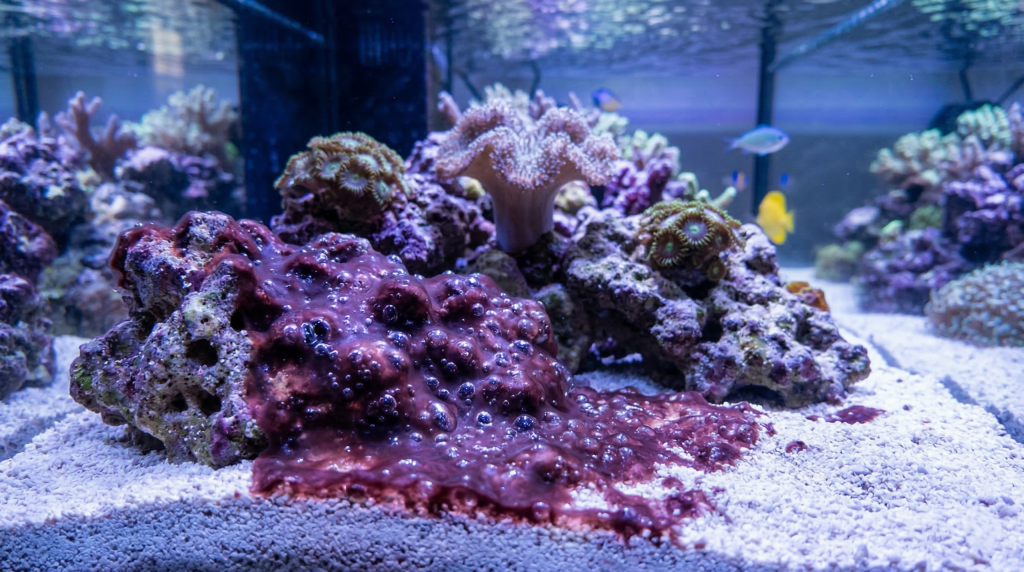 Cianobatteri-rosso-viola-su-sabbia-in-acquario-marino-segnale-di-azoto-organico-e-TNb-elevato-scaled-1-1024x572 TNb: dove finisce l'azoto che non misuri in acquario