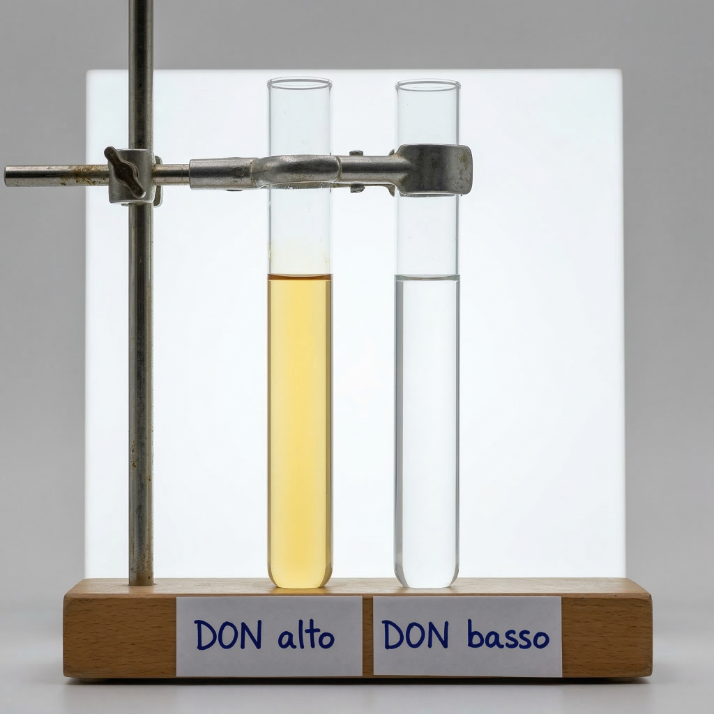 Due-provette-a-confronto-con-acqua-marina-ingiallita-per-DON-elevato-e-acqua-cristallina-indicatore-TNb-1024x1024 TNb: dove finisce l'azoto che non misuri in acquario