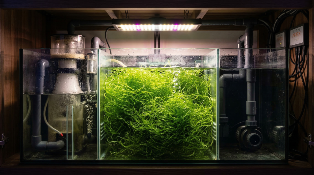 Refugium-con-massa-densa-di-Chaetomorpha-in-sump-per-riduzione-azoto-e-TNb-in-vasca-marina-scaled-1-1024x572 TNb: dove finisce l'azoto che non misuri in acquario