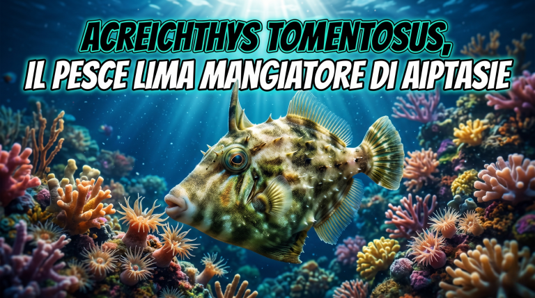 Immagine di copertina dell'articolo su Acreichthys tomentosus, il pesce lima coda di setola noto per la sua capacità di predare le aiptasie negli acquari marini di barriera.