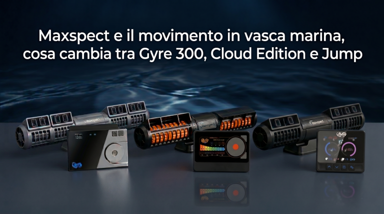 Pompe Maxspect Gyre per acquario marino con i rispettivi controller, confronto tra Jump MJ-GF, Gyre 300 e Cloud Edition