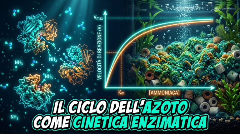 Ciclo dell'azoto rappresentato come cinetica enzimatica con filtro biologico e curva di saturazione