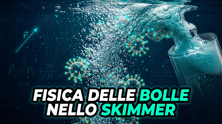Colonna di bolle fini in acqua marina con molecole organiche adese, fisica dello skimmer