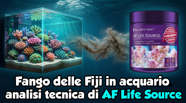 Confezione reale di Aquaforest AF Life Source accanto a un reef con nuvola di sedimento delle Fiji