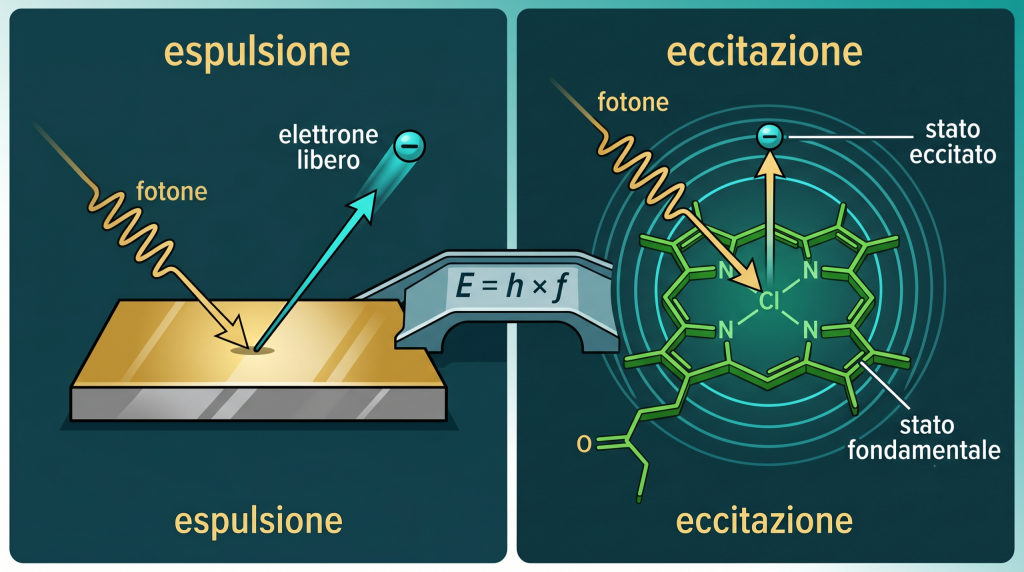 Confronto-tra-espulsione-dellelettrone-nelleffetto-fotoelettrico-ed-eccitazione-nella-clorofilla-scaled-1-1024x572 Effetto fotoelettrico e fotosintesi delle zooxantelle, da Einstein ai LED reef