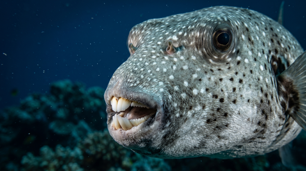 Dettaglio-del-becco-e-dei-denti-fusi-di-Arothron-stellatus-scaled-1-1024x572 Arothron stellatus, il gigante dei pesci palla