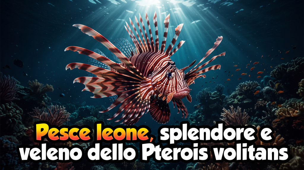 Pesce leone Pterois volitans con pinne distese e spine velenose su barriera scura