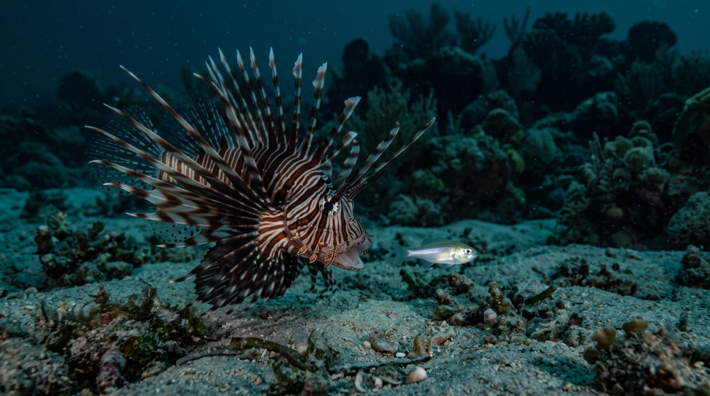 Pesce-leone-a-caccia-al-crepuscolo-con-le-pinne-aperte-a-rete-scaled-1-1024x572 Pesce leone, splendore e veleno dello Pterois volitans