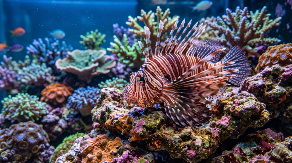 Pesce-leone-appoggiato-alle-rocce-in-un-grande-acquario-marino-scaled-1-1024x572 Pesce leone, splendore e veleno dello Pterois volitans