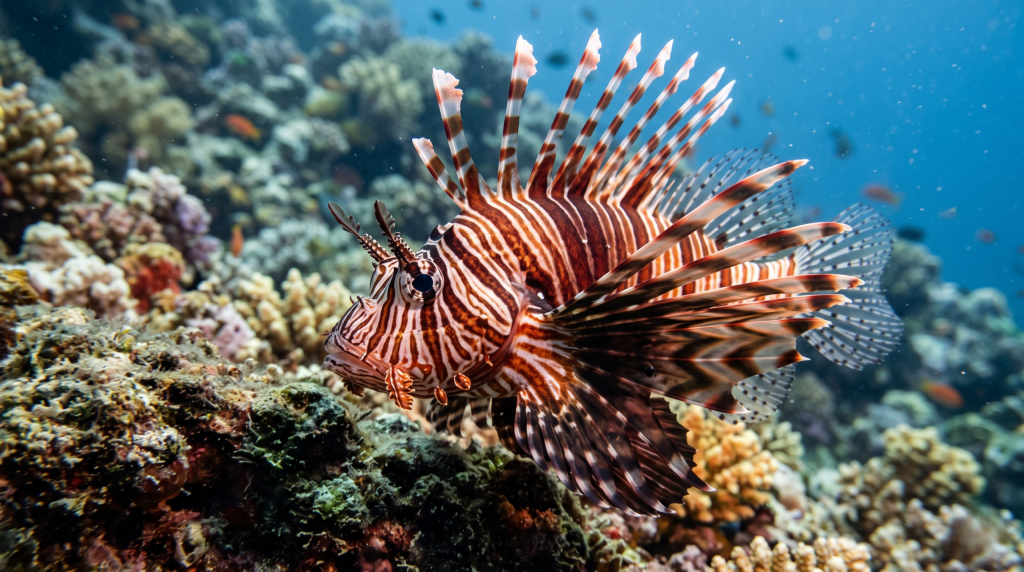 Profilo-laterale-del-pesce-leone-con-pinne-pettorali-aperte-e-spine-dorsali-scaled-1-1024x572 Pesce leone, splendore e veleno dello Pterois volitans