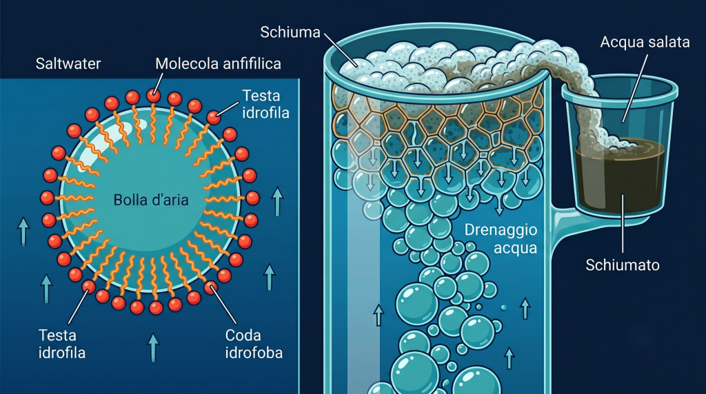 Schema-del-frazionamento-di-schiuma-con-molecole-anfifiliche-adese-alla-bolla-daria-scaled-1-1024x572 La fisica delle bolle nello skimmer marino tra tensione superficiale e numero di Weber