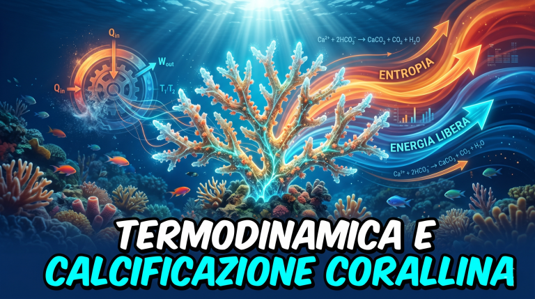 Corallo Acropora con scheletro di aragonite e gradienti termici, copertina sulla termodinamica della calcificazione
