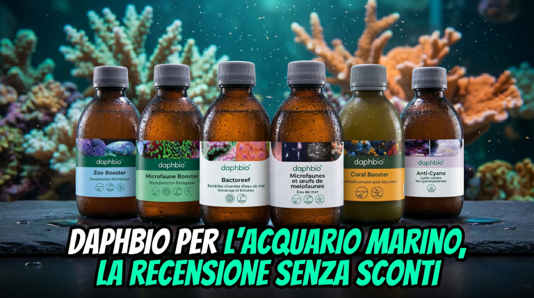 bottiglie originali daphbio per acquario marino davanti a una barriera corallina