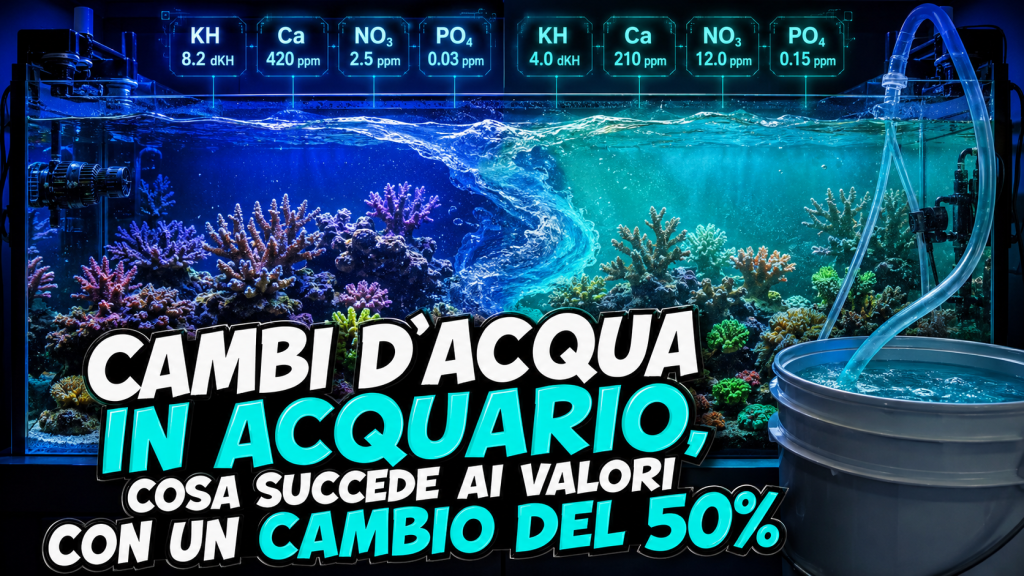 Cambio d'acqua del 50% in acquario marino con valori chimici sovrapposti alla vasca