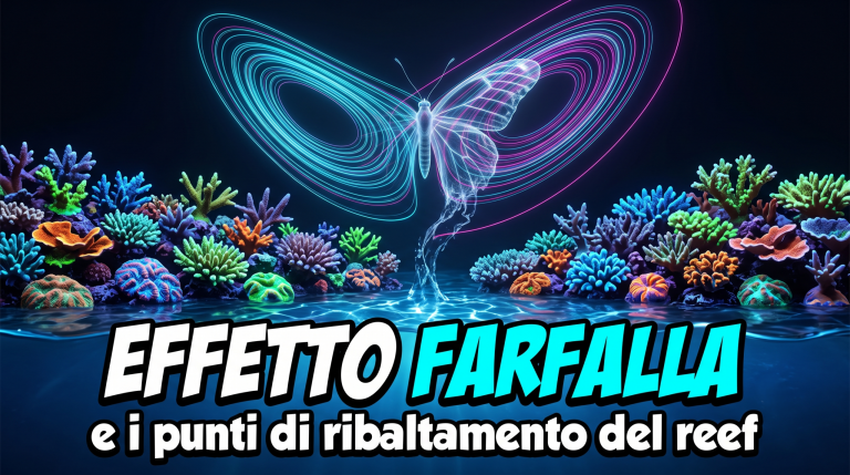 Farfalla e attrattore di Lorenz sopra un acquario marino di barriera, metafora della stabilità del reef