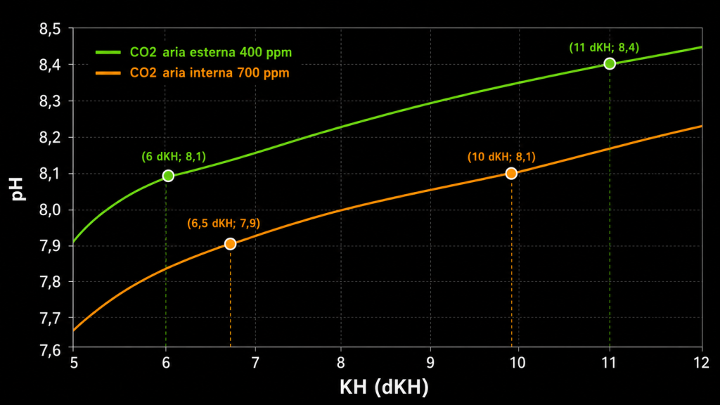 Grafico-del-pH-previsto-in-funzione-del-KH-per-due-livelli-di-anidride-carbonica-ambientale-1024x576 Henderson-Hasselbalch e il pH nell’acquario marino