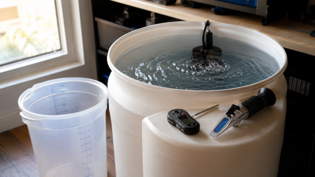 Preparazione-dellacqua-nuova-per-il-cambio-con-pompa-di-miscelazione-e-rifrattometro-1024x576 Cambi d'acqua in acquario, cosa succede ai valori con un cambio del 50%