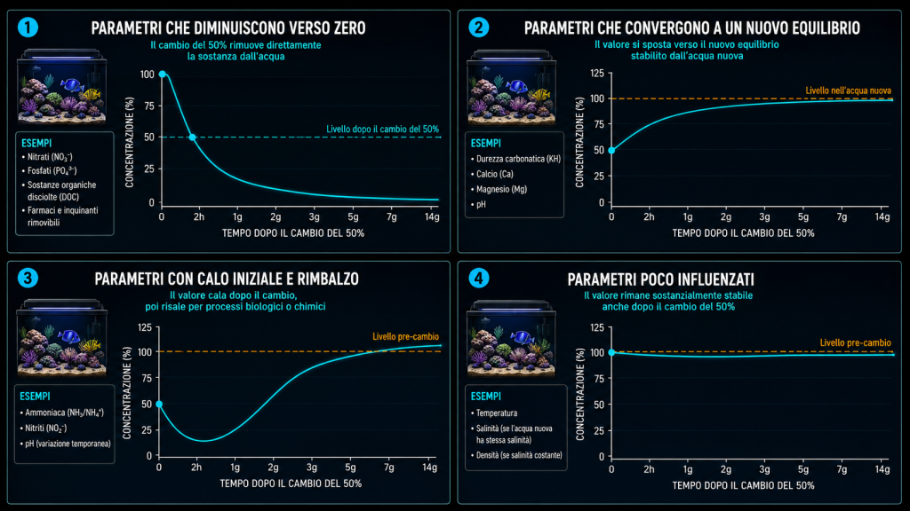Schema-delle-quattro-famiglie-di-parametri-e-risposta-al-cambio-dacqua-del-50-1024x576 Cambi d'acqua in acquario, cosa succede ai valori con un cambio del 50%