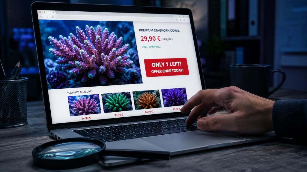 Schermo-con-finto-negozio-di-acquariofilia-e-offerta-sospetta-a-tempo-su-un-corallo-1024x576 Truffe nell'acquariofilia online, come riconoscere un truffatore e non farti spennare