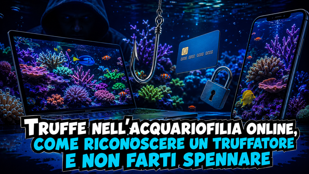 Vasca reef vista attraverso uno smartphone con un amo e una carta di credito, simbolo delle truffe online