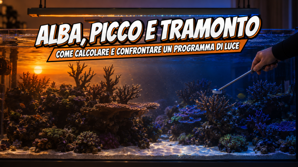 Acquario di barriera durante la fase di tramonto simulato, con sonda PAR immersa sopra una colonia di corallo