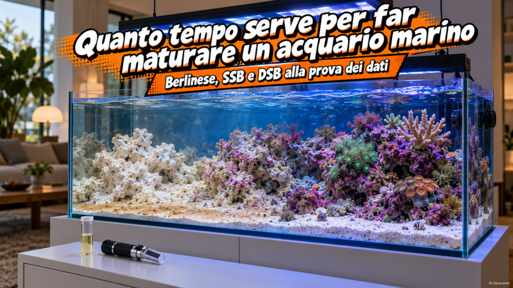 Acquario marino in maturazione con rocce secche chiare a sinistra e rocce vive incrostate di alghe coralline a destra