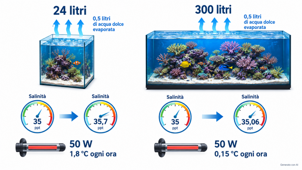 Confronto tra cubo da 24 litri e vasca da 300 litri per evaporazione, salinità e riscaldamento