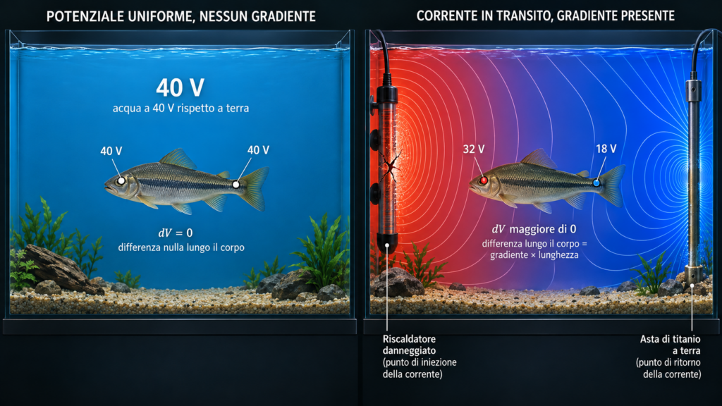Confronto-tra-vasca-a-potenziale-uniforme-e-vasca-attraversata-da-corrente-con-gradiente-di-tensione-1024x576 Corrente di dispersione in acquario, come si misura e cosa rischiano gli animali