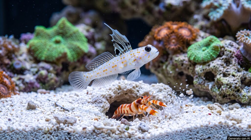 Ghiozzo Stonogobiops nematodes davanti alla tana con il gambero pistola Alpheus randalli in un cubo marino