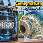 Illustrazione di un filtro per acquario d’acqua dolce con ingrandimento del biofilm sui materiali filtranti.