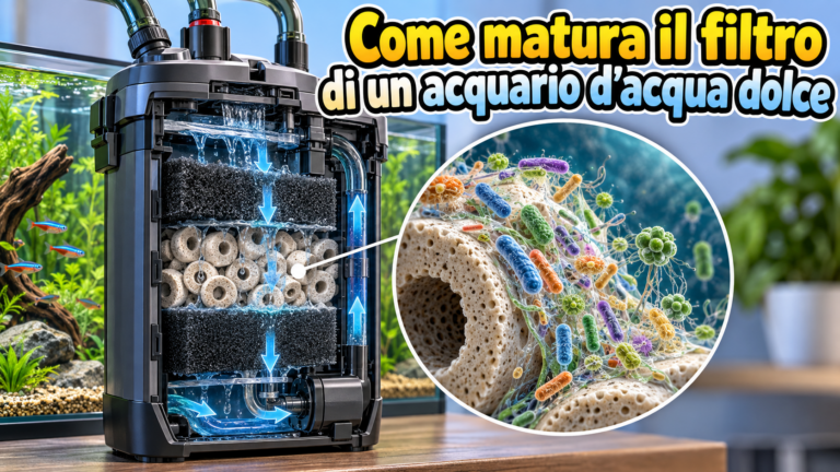 Illustrazione di un filtro per acquario d’acqua dolce con ingrandimento del biofilm sui materiali filtranti.