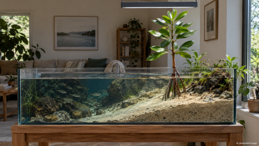 Mangrovia-in-acqua-salmastra-in-un-paludario-aperto-giovane-Rhizophora-mangle-piantata-su-una-riva-di-sabbia-bassa-1024x576 Mangrovia in acquario, tra ecofisiologia e miti da negozio