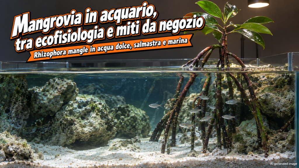 Mangrovia in acquario, giovane Rhizophora mangle con radici a trampolo in una vasca aperta con pesci argentati
