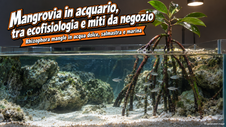 Mangrovia in acquario, giovane Rhizophora mangle con radici a trampolo in una vasca aperta con pesci argentati
