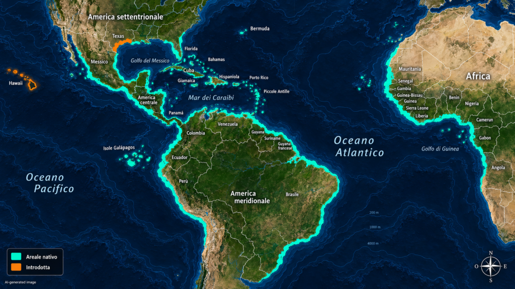 Mappa-dellareale-nativo-e-introdotto-di-Rhizophora-mangle-la-mangrovia-rossa-tra-Americhe-Africa-occidentale-e-Hawaii-1024x576 Mangrovia in acquario, tra ecofisiologia e miti da negozio