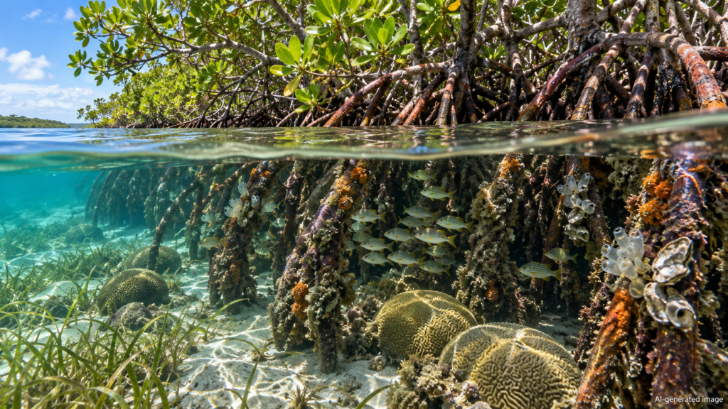 Radici-a-trampolo-di-Rhizophora-mangle-con-spugne-ascidie-pesci-giovani-e-coralli-allombra-in-una-laguna-caraibica-1024x576 Mangrovia in acquario, tra ecofisiologia e miti da negozio