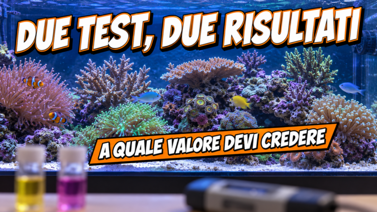 Reef in acquario a fuoco con provette e fotometro sfocati sul bordo inferiore dell'inquadratura