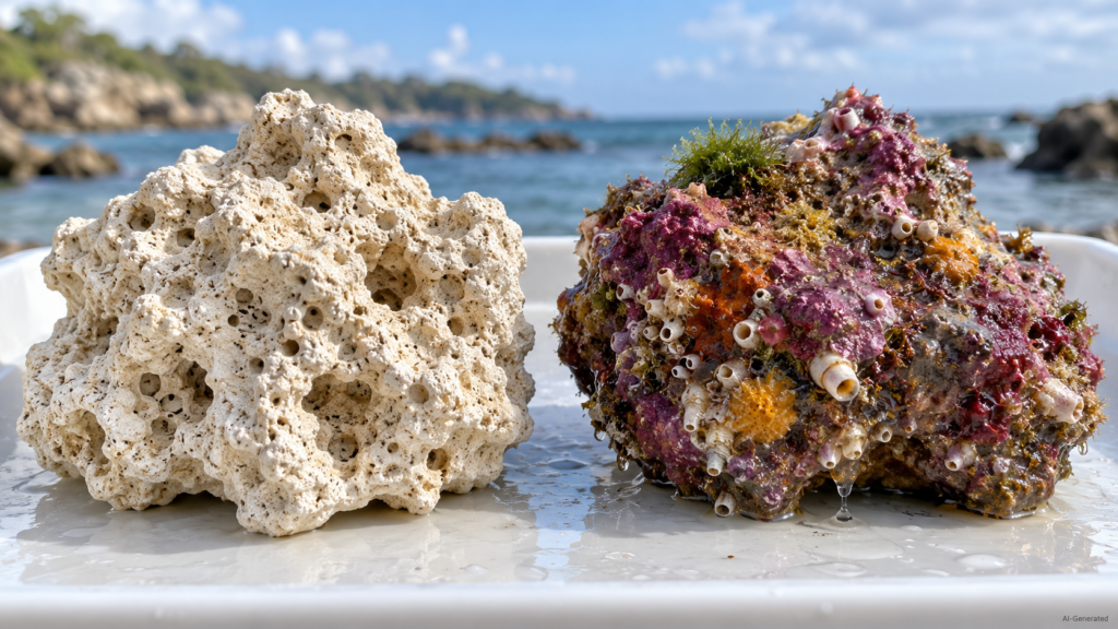 Roccia secca chiara e roccia viva incrostata di alghe coralline, spugne e vermi tubicoli a confronto