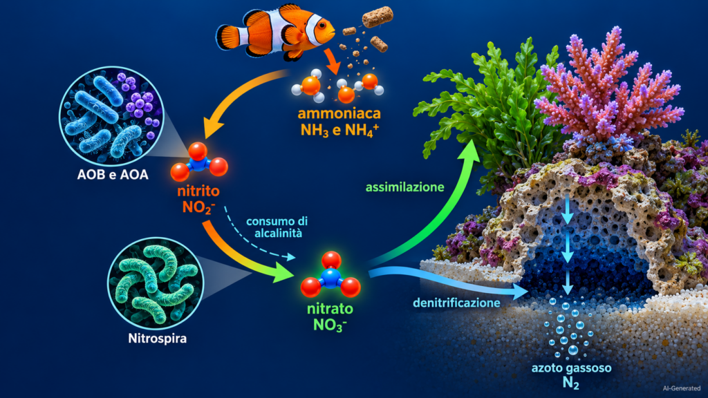 Schema del ciclo dell'azoto in un acquario marino con nitrificazione, assimilazione e denitrificazione
