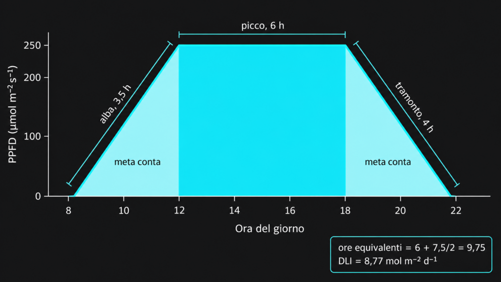 Schema-didattico-del-calcolo-delle-ore-equivalenti-su-un-profilo-di-luce-con-alba-picco-e-tramonto-1024x576 Alba, picco e tramonto, come calcolare e confrontare un programma di illuminazione