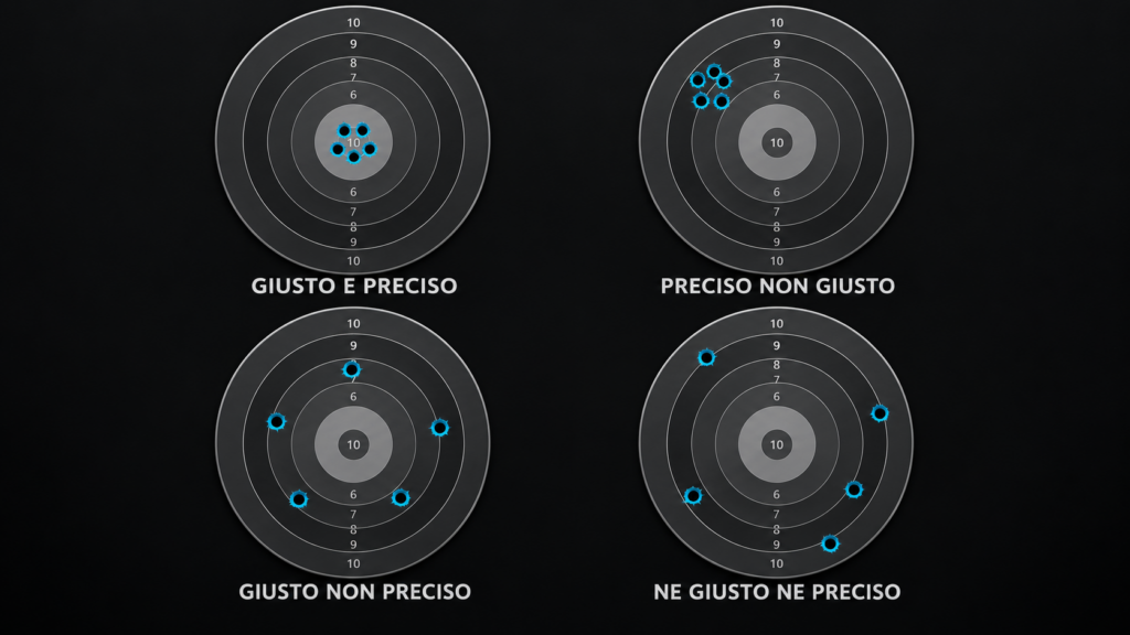 Schema-didattico-su-bersagli-che-mostra-la-differenza-fra-giustezza-e-precisione-in-una-misura-1024x576 Due test, due risultati, a quale valore devi credere?