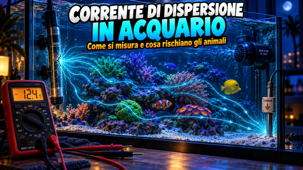 Sezione di acquario marino con percorso di corrente dispersa e multimetro in misura